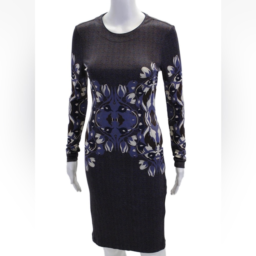 Tory Burch Flavia Blue Multicolored Long Sleeve 100% Silk Dress